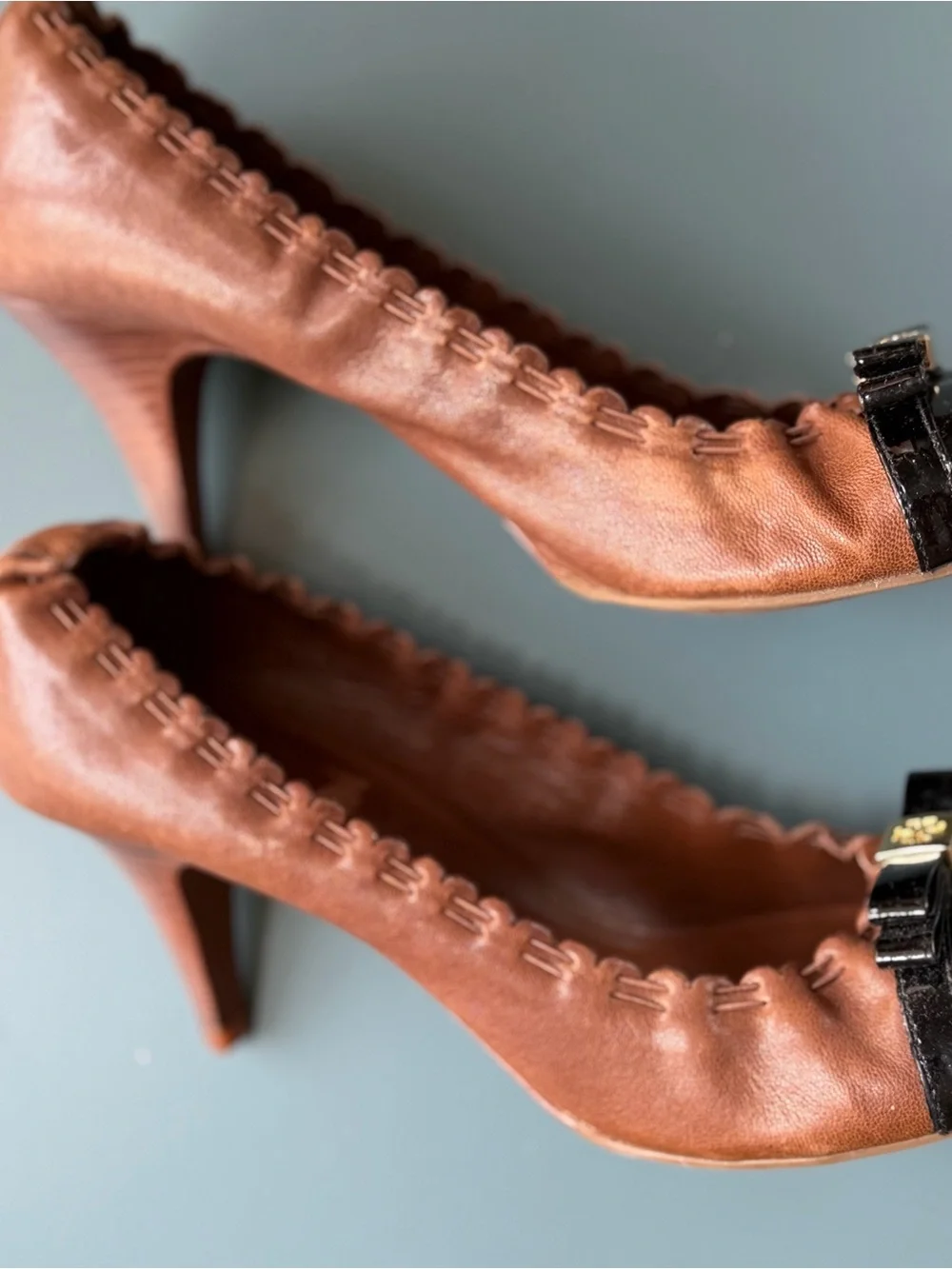 Tory Burch Brown Leather Heels with Black Patent Cap Toe